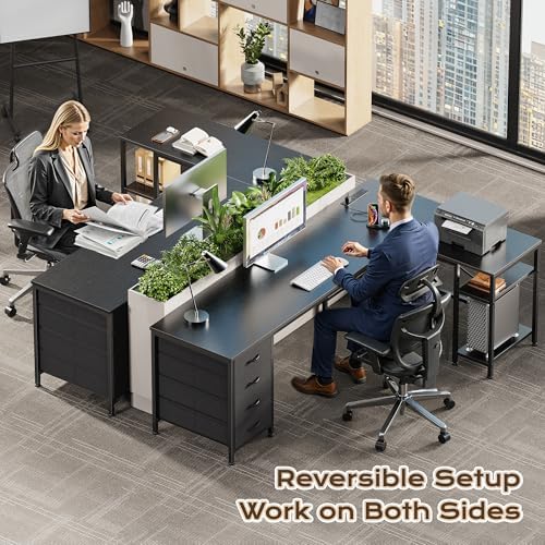 Huuger 63 Inch L Shaped Desk with Fabric Drawers, Reversible Computer Gaming Desk with Power Outlets and USB-C Port, Adjustable Side Storage Shelves, for Work Study Corner Home Office, Black - Image 2