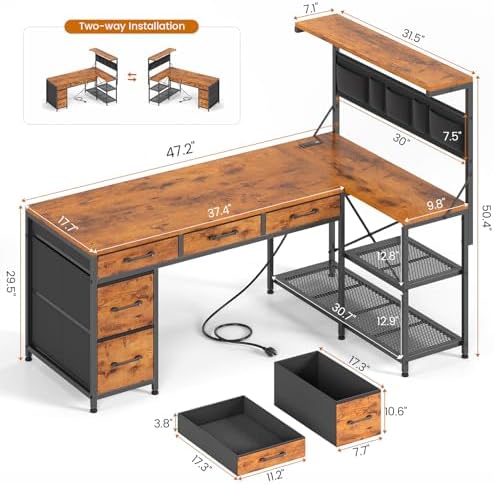 SEDETA 47.2" Reversible L Shaped Office Desk with Drawers, Hutch, Shelves - Image 2