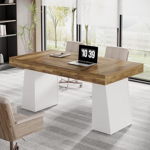 Tribesigns 55 Inches Executive Desk, Mid-Century Modern Home Office Desk, Wood Computer Table Business Workstation Small Conference Table, White & Brown by Tribesigns