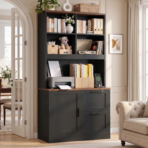 Vertical File Cabinet Bookcase with Printer Stand & Charging Station, Black - Image 2