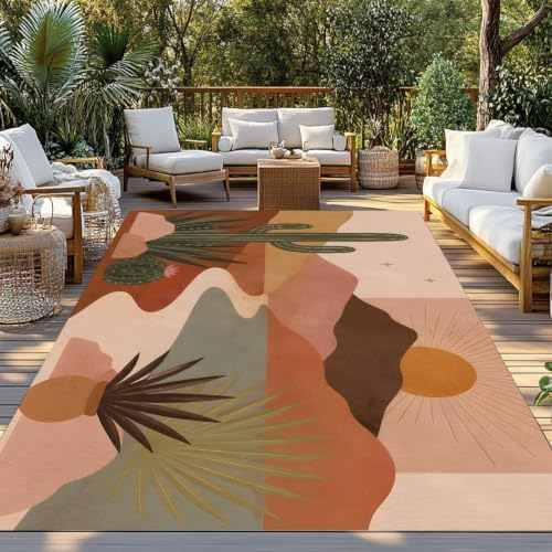 Boho Dessert 4x6 Waterproof Outdoor Rug with Non‑Slip Backing Rustic Southwest Radiant Sunburst Cactus Machine Washable Deck Patio Rug Mat for Camping, RV, Garden, Balcony Pool - Image 2