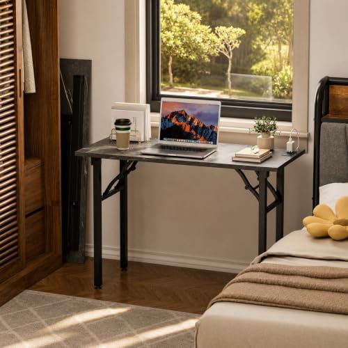 Folding Table Computer Desk - 43.3" No Assembly Folding Desk with Power Outlets & USB Charging Port, Small Desk, Foldable Office Desk, Compact Storage Portable Use for Small Space, Marble Greige - Image 2