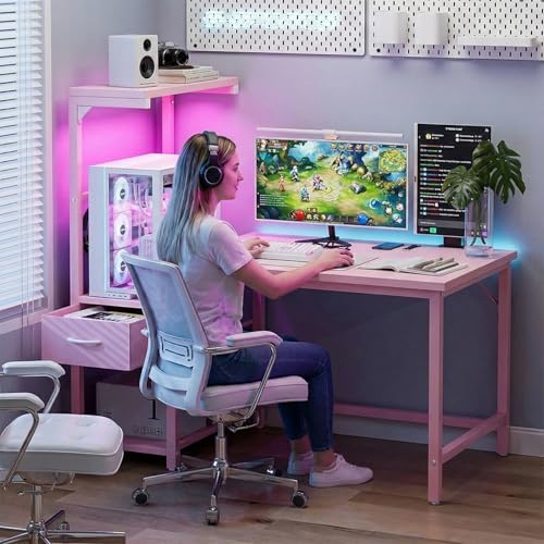 Grandder Gaming Desk 47 Inch with CPU Stand and LED Light, Computer Desk with Reversible Shelves and Storage Drawer, Pc Small Desk for Home Office Table with Bag, Pink - Image 2