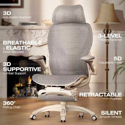 ELABEST X100 Ergonomic Mesh Office Chair with Footrest, Big and Tall Home Desk Chair with 5D Flip-Up Arms, Adjustable 3D Lumbar Support, Gaming & Executive Computer Chair (First Light) - Image 3