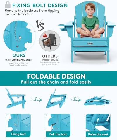 SERWALL Patio Folding Adirondack Chair Set of 2 with Cup Holder -Aruba Blue - Image 5
