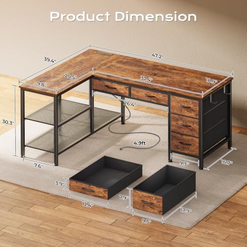 PRAISUN 47 Inch L Shaped Desk with Power Outlets, 5 Fabric Drawers - Image 3