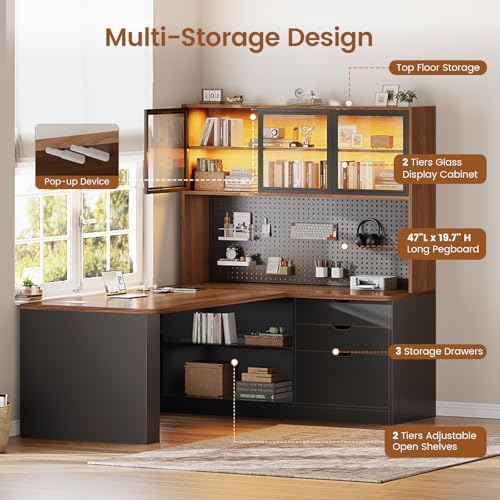 SEDETA L Shaped Computer Office Desk with 3 Wood Drawer and Large Bookshelf - Image 4