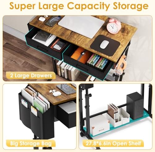 Small Rolling Standing Desk, Height Adjustable Mobile Sturdy Desk with 2 Fabric Drawers & Storage Shelf, Portable Sofa Side Laptop Table for Home Office, Small Spaces, 31.41"" x 15.74"", Rustic Brown - Image 5