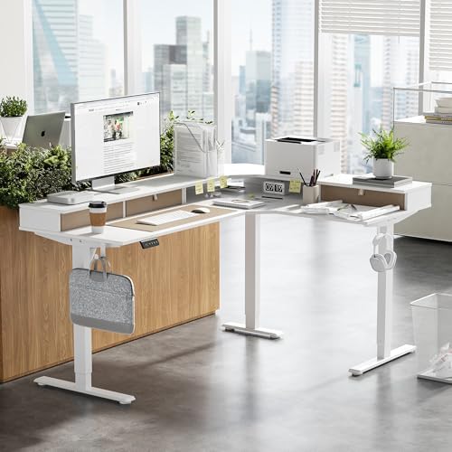 FEZIBO Triple Motor 63" L Shaped Standing Desk with 3 Drawers, Electric Standing Gaming Desk Adjustable Height, Corner Stand up Desk with Splice Board, White Frame/White Top - Image 2