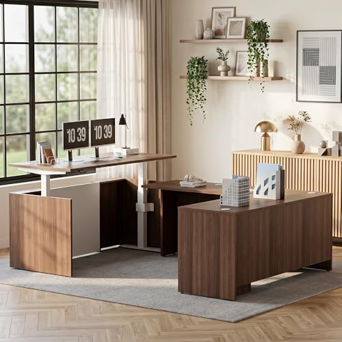 U-Shaped Executive Office Standing Desk with Pre-Assembled Frame & Lockable File Cabinet, Dual Motor Height Adjustable Electric Sit Stand Desk, Programmable Controller, Walnut/White by ALFABUSINESS