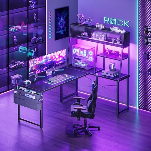 AODK 51 Inch L Shaped Gaming Desk with Display Shelves, LED Lights, Black - Image 2