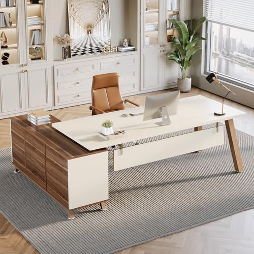 Tribesigns 78.7" L-Shaped Executive Desk, Modern Office Desk with File Drawers & Storage Shelves, Large Computer Desk with 55-Inch Cabinet, Business Workstation for Home Office, Beige & Walnut by Tribesigns