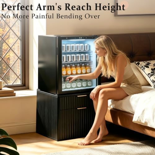 Mini Fridge Stand with Storage, Fluted Mini Fridge Cabinet with 2 Drawers, Wood Refrigerator Table Stand for College Dorm Room, Home Office & Bedroom, Black, 22.4" W - Image 2