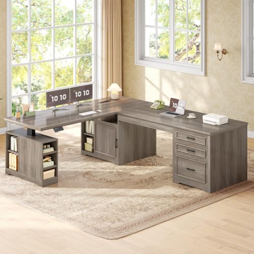 SEDETA Farmhouse L Shaped Standing Desk with Storage for Home Office, Grey - Image 3