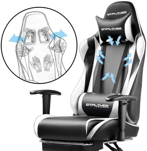 GTPLAYER Gaming Chair with Footrest, Ergonomic Computer Game Desk Chair, Reclining Gamer Chair Seat Height Adjustment, Swivel Rocker with Headrest and Lumbar (White) - Image 6