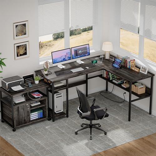 Unikito Reversible L Shaped Desk with Magic Power Outlets and USB Charging Ports, Sturdy Corner Computer Desk with Storage Shelves, Gaming Desk for Home Office, Easy to Assemble, Black Oak - Image 2