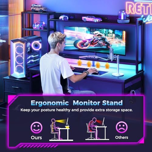 Casaottima 48 Inch Gaming Desk with Shelves & 3 Drawers & LED Light & Hutch - Image 6