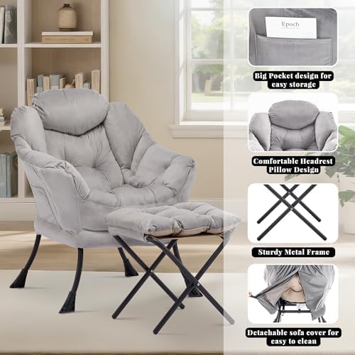 Lazy Chair with Ottoman, Comfy Reading Chair, Grey - Image 5