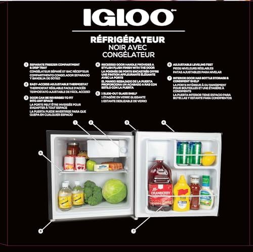 Igloo 1.6 Cu.Ft Mini Fridge with Freezer- Single Door Compact Refrigerator with Glass Shelves for Homes, Dorms & Offices- Keep Snacks, Drinks & Frozen Foods Cool with Temperature Control Fridge- Black - Image 4