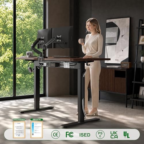 FEZIBO Electric Standing Desk with L-Shaped Crossbar & Cable Management System, 40 x 24 Inches Sit Stand up Desk, Adjustable Height Standing Desk for Home Office, Black Walnut - Image 3