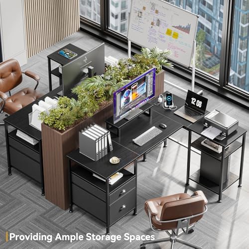 Furologee 50 Inch L Shaped Gaming Desk with Power Outlet and Drawers, Black - Image 6