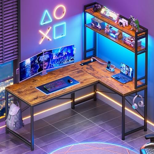 SEDETA L Shaped Desk with Hutch, 45.3” Reversible Home Office Desk, L Shaped Gaming Desk with LED Lights, Power Outlet, Storage Shelves and Hooks for Small Space, Rustic Brown - Image 3