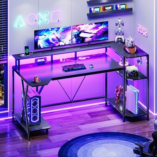 SEDETA Gaming Desk 55'' with LED Lights and Storage Shelves, Black by SEDETA