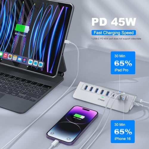 Powered USB Hub 10Gbps, intpw YH6AC Plus 10-Port USB 3.2 Hub (USB A/USB C 3.2+3 USB-A 3.0+2 PD 45W Fast Charging Ports+SD/TF Card Reader), 65W Power Adapter,Aluminum USB HUB for PC,Laptop,iPhone 17/16 - Image 4