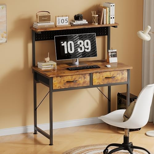MUTUN Small Desk with Drawers, 31 Inch Computer Desk with Power Outlet & LED Light, Gaming Desk with Adjustable Monitor Stand & Pegboard, Modern PC Study Writing Table for Bedroom, Rustic Brown - Image 2