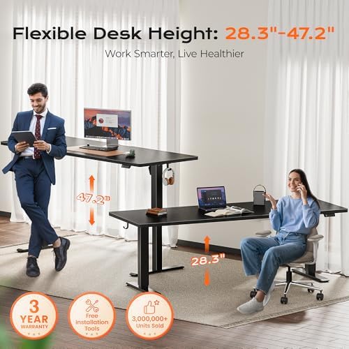 Huuger 78.7'' x 29.5'' Large Electric Standing Desk, Height Adjustable Computer Desk, 29.5" Deep Desktop, Stand up Gaming Office Desk with 2 Hooks, 3 Preset Heights, for Home Office, Black - Image 3