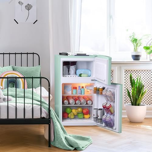 West Bend Mini Fridge with Freezer for Bedroom, Office, Bar or Dorm Room, Retro Compact Refrigerator features Glass Shelves, Manual Defrost and Adjustable Temperature Control, 3.1-Cu.Ft., Green - Image 3