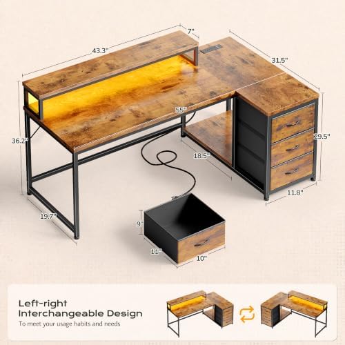 EnHomee 55" L Shaped Computer Desk with 3 Storage Drawers for Home Office - Image 3