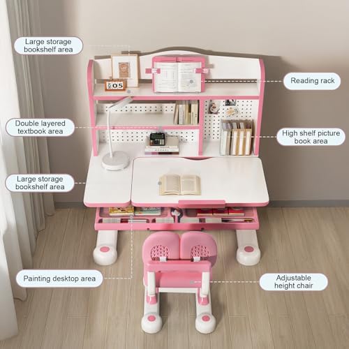 Kids Desk and Chair Set - Height Adjustable Crank Study Desk (Pink) - Image 5