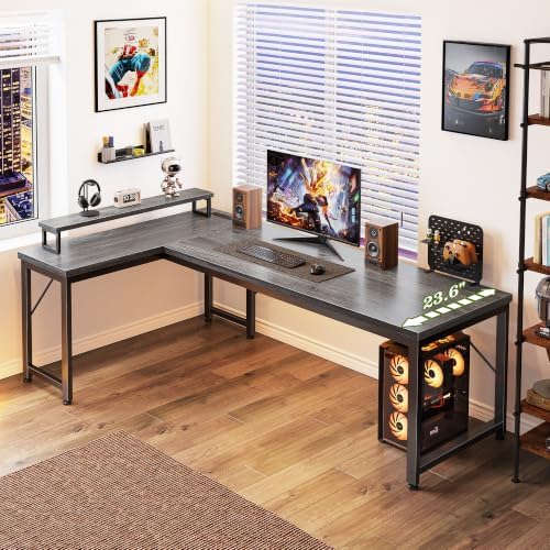 PRAISUN 61" L Shaped Computer Desk, Power Outlets, Monitor Stand, Grey - Image 7