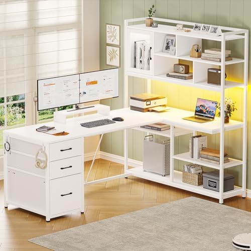 SEDETA 58'' L Shaped Computer Office Desk with 3 Drawers and Bookshelf by SEDETA