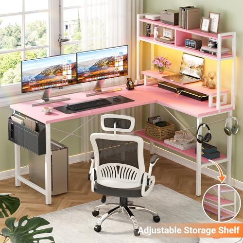 Aheaplus L Shaped Gaming Desk with Power Outlets & LED Lights, Pink - Image 2