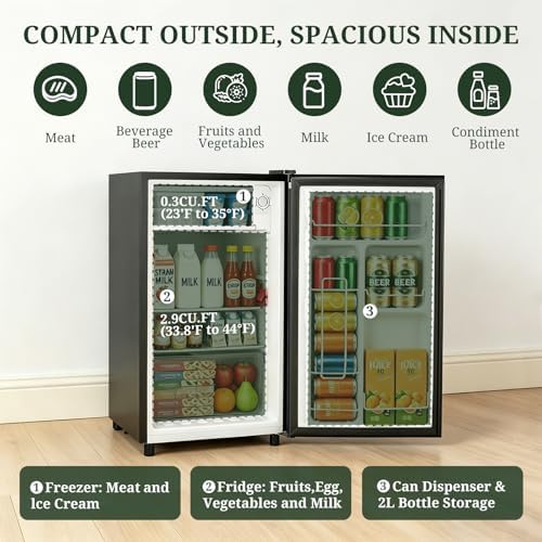 Mini Fridge with Freezer, 3.2 Cu.Ft Compact Single Door Refrigerator with Adjustable Thermostat, Low Noise & Energy Efficient (0.41kWh/Day), Small Fridge for Bedroom, Dorm, Office, Apartment (Black) - Image 3