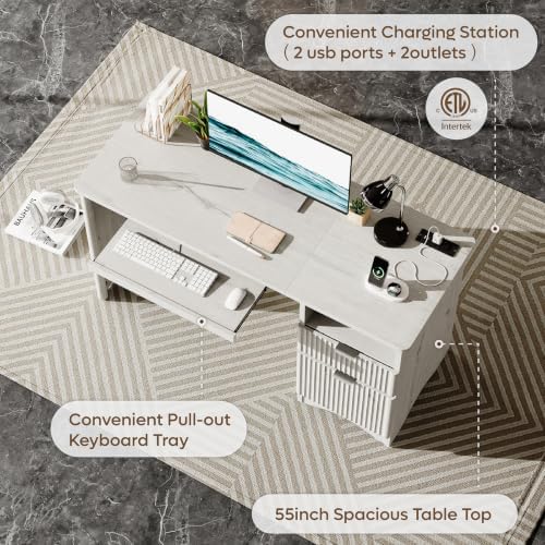 Bestier 55 Inch Computer Desk with Keyboard Tray, File Drawer, White - Image 6