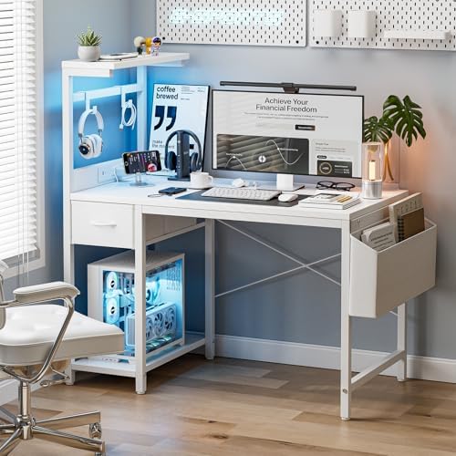 Grandder Gaming Desk 40 Inch with Power Outlet and LED Light, Computer Desk with Reversible Shelves and Storage Drawer, Pc Small Desk for Home Office Table with Bag, Carbon Fiber White - Image 2