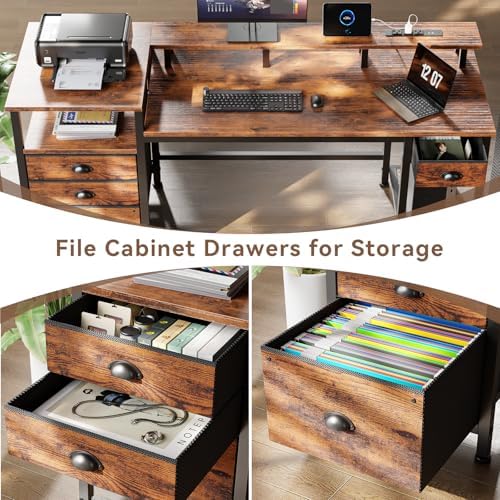 Furologee 60" Computer Desk with 4 Drawers, Power Outlet, LED, Rustic Brown - Image 6