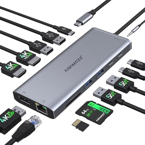 USB C Docking Station 3 Monitors USBC Hub Laptop Dual Monitor Multi Adapter by ABIWAZY