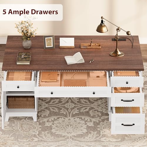 GarveeHome Executive Desk with File Drawers, Farmhouse Home Office Desk with Charging Station, 60 in Wooden Computer Desk with Cabinet Storage for Work Study Writing, White Walunt - Image 5