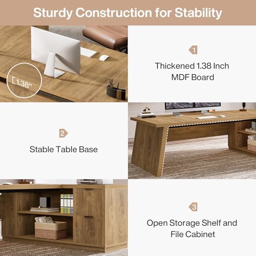Tribesigns 78" L Shaped Desk with Drawers, Large Executive Office Desk with File Cabinet and Shelves, Modern Corner Computer Table Business Furniture for Home Office, Brown - Image 5