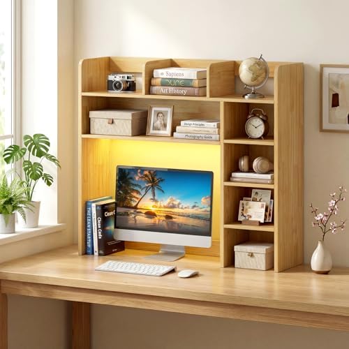 Desk Hutch with LED Lights, Wood Desktop Bookshelf for Up to 25" Monitor by BUYNOW