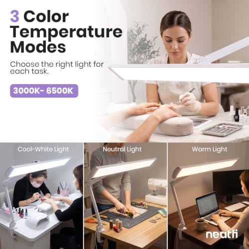 Neatfi Pro LED Task Lamp with Clamp | CRI 95 | 50W | 684 LED Beads | 4,500 Lumens | Touch CCT Dimming | 3000K-6500K | Desk Light for Reading, Crafting & Home Office Use (White-8, 31.8-Inch Wide Shade) - Image 3