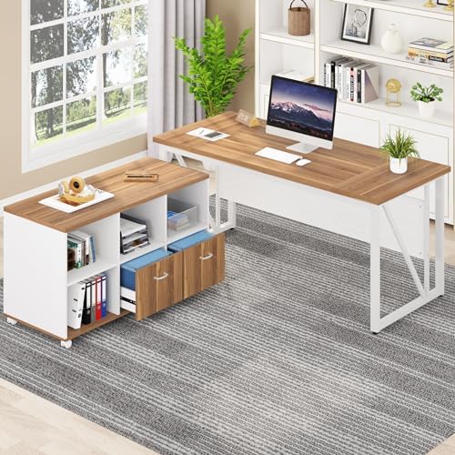 Tribesigns 63 inches Executive Desk and 47" lateral File Cabinet, L-Shaped Computer Desk Home Office Furniture Set with Drawers and Storage Shelves, Office Table with Cabinet (Walnut+White, 63) - Image 3