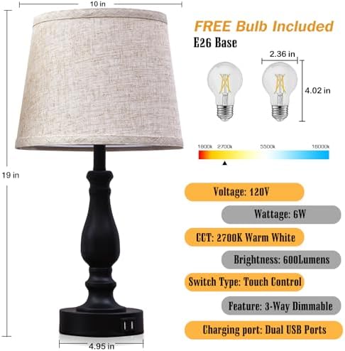 EJIAXIN Table Lamps Set of 2, Bedside Nightstand Lamps with USB Charging Ports,Dimmable Touch with Linen Fabric Lampshade, Modern Small Lamp for Bedrooms, Living Room (Bulbs Included) - Image 2