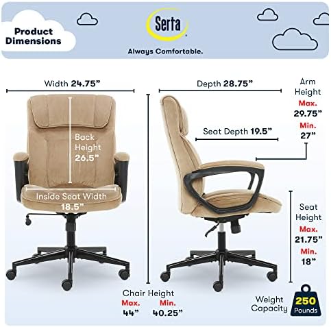 Serta® Hannah Executive Home Office Desk Chair, Ergonomic Mid-Back with Lumbar Support, Firm Seat Cushion, Layered Body Pillows, Padded Armrests, Swivel Base, Easy Assembly, Microfiber, Beige - Image 3