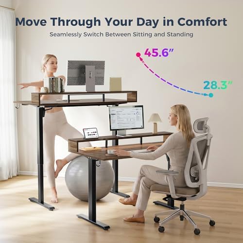 Klicelor Electric Standing Desk with Shelf, 55 Inch Height Adjustable Desk with Power Outlets & LED, Sit Stand Up Table with Monitor Stand, Computer Workstation for Home Office, Dark Walnut - Image 6