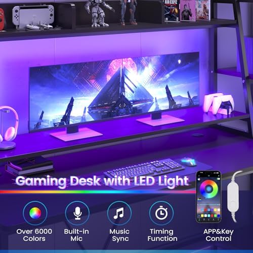 SEDETA 79'' Gaming Desk with LED Lights, Hutch and Storage Shelves, Black - Image 6
